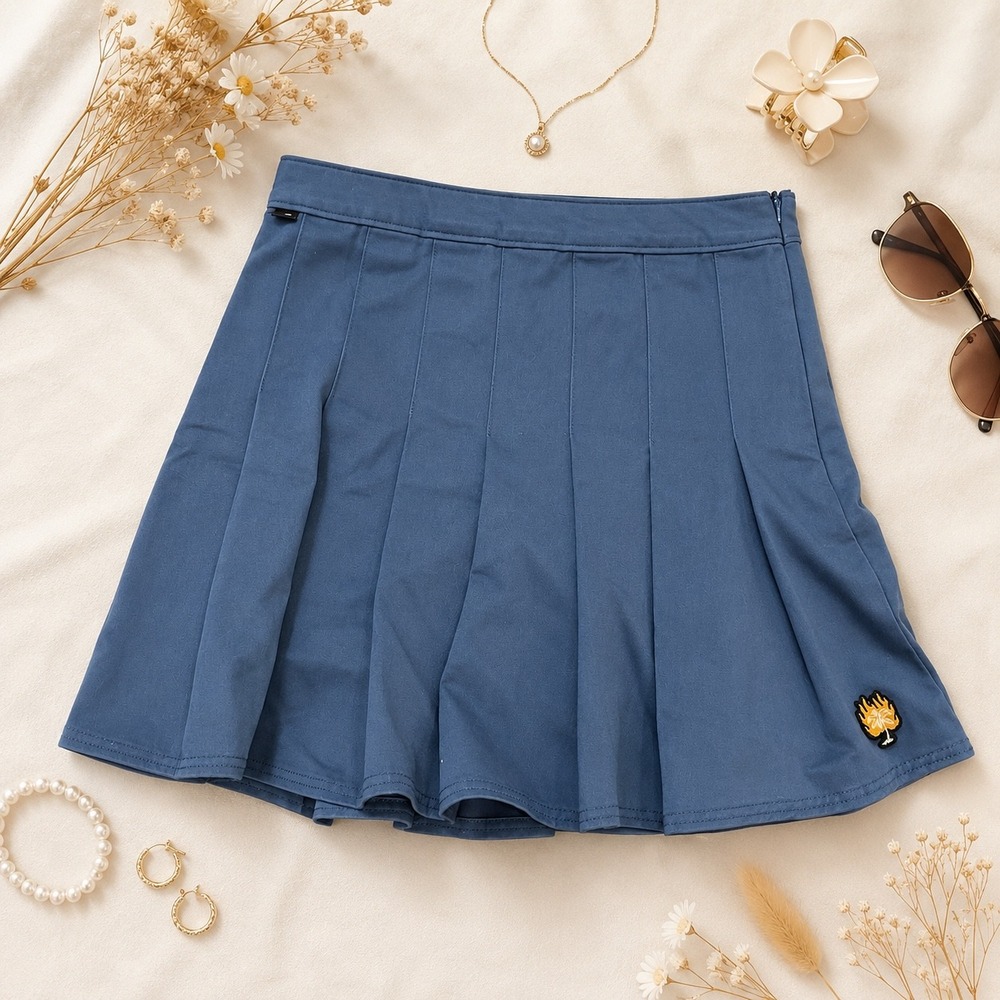 Vans Womens Pleated Mini Skirt Blue Twill Flaming Palm Tree Patch Size 28